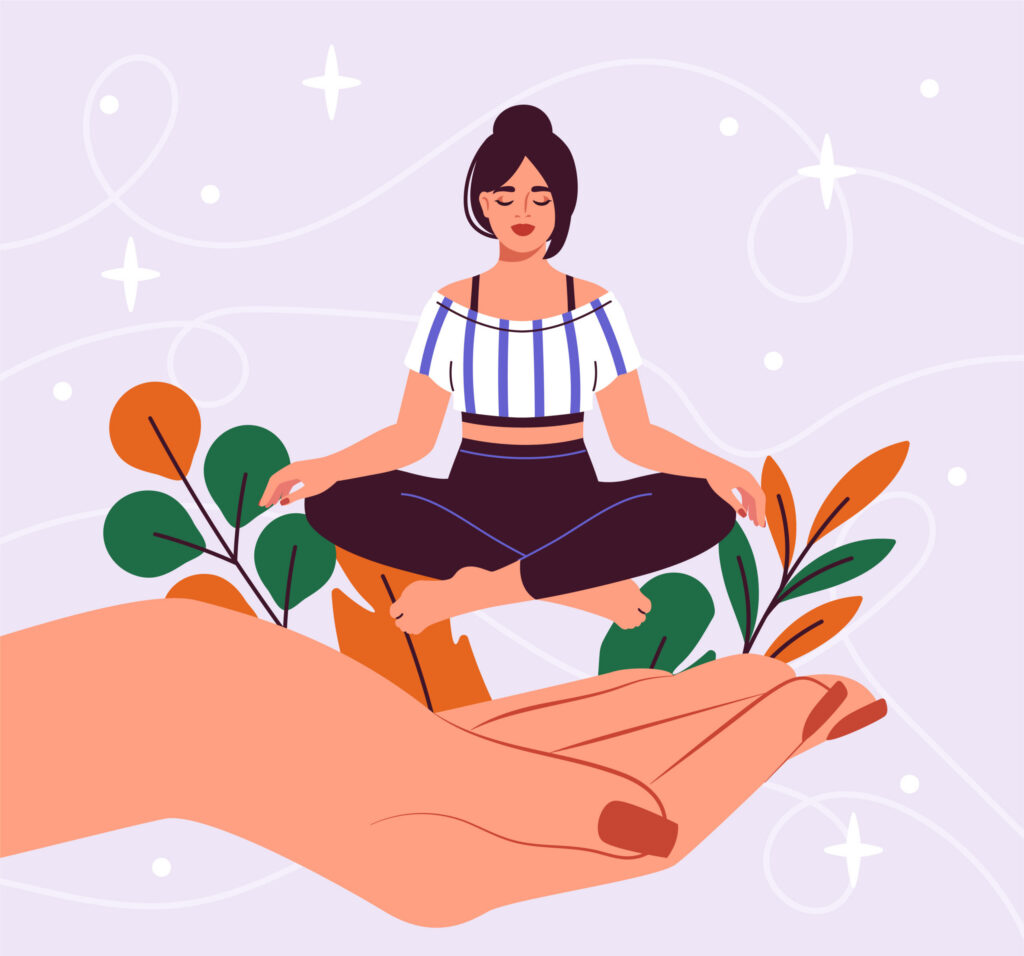 Yoga woman concept. Young girl sitting in lotus position at hand. Meditation and concentration. Mental health and psychology. Active lifestyle and fitness. Cartoon flat vector illustration