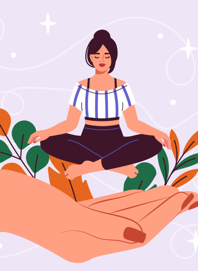 Cartoon of a woman doing yoga sitting in lotus position. Meditation and concentration.