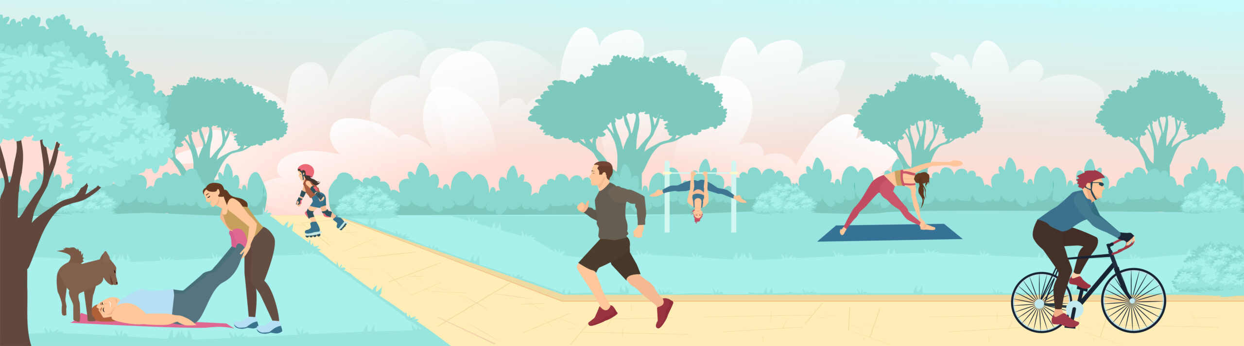 Vector of young people exercising outdoors in the city park, running, cycling and practicing yoga
