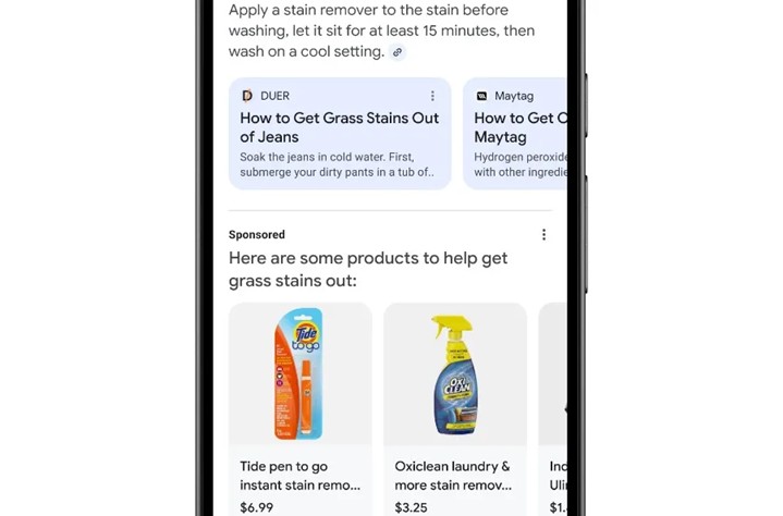Screenshot of an example of ads in AI Overview from Google's US Beta